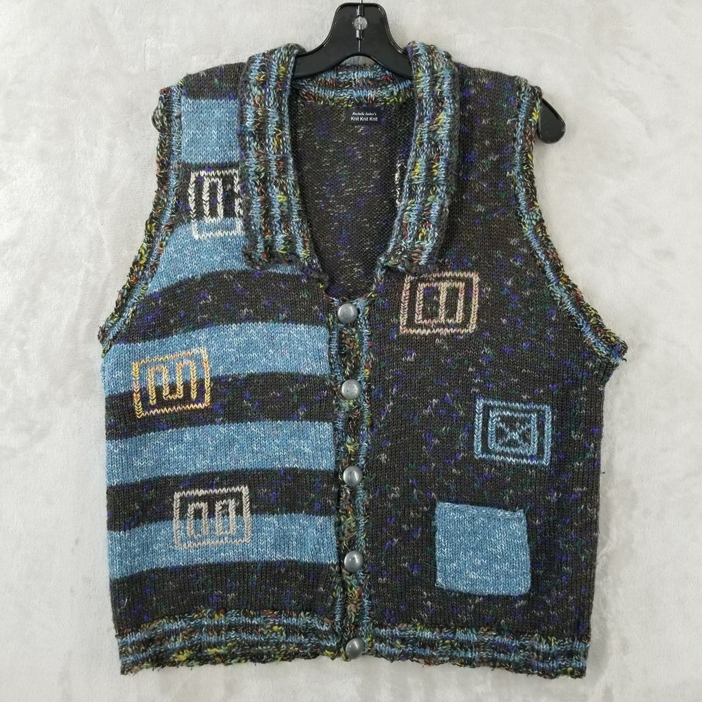 Handmade Sweater Vest Women XL‎ Multicolor Knit Collared Artsy Funky Eclectic